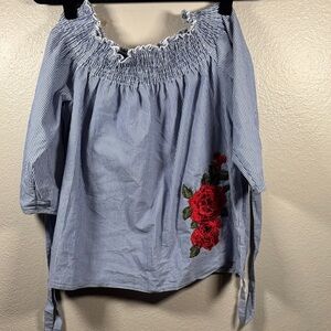 Gypsies & Moondust Blue Striped Top with Red Floral Embroidery